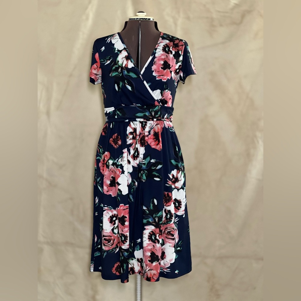 Navy Jersey Knit Dress with Floral Pattern.